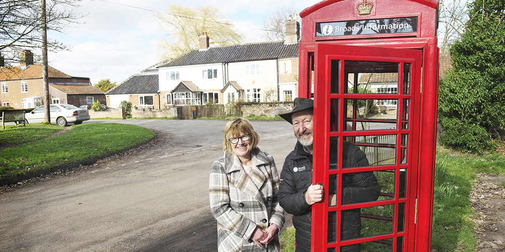 Renovated red phone box used as a Broads Tourist Information Centre