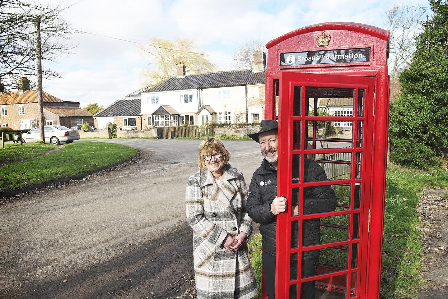 Renovated red phone box used as a Broads Tourist Information Centre