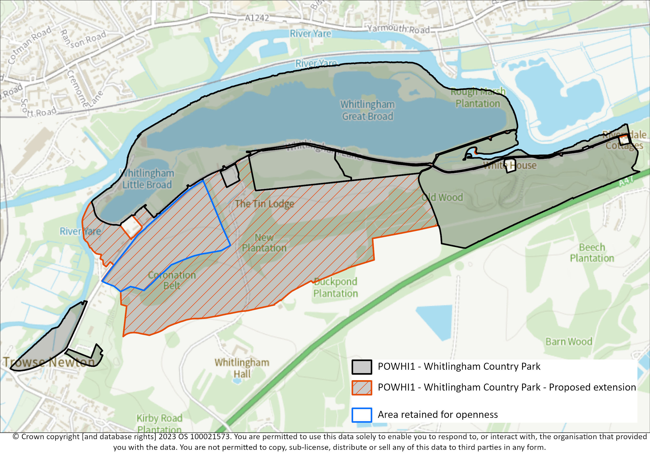 Map of Whitlingham CP showing the area WH1 applies