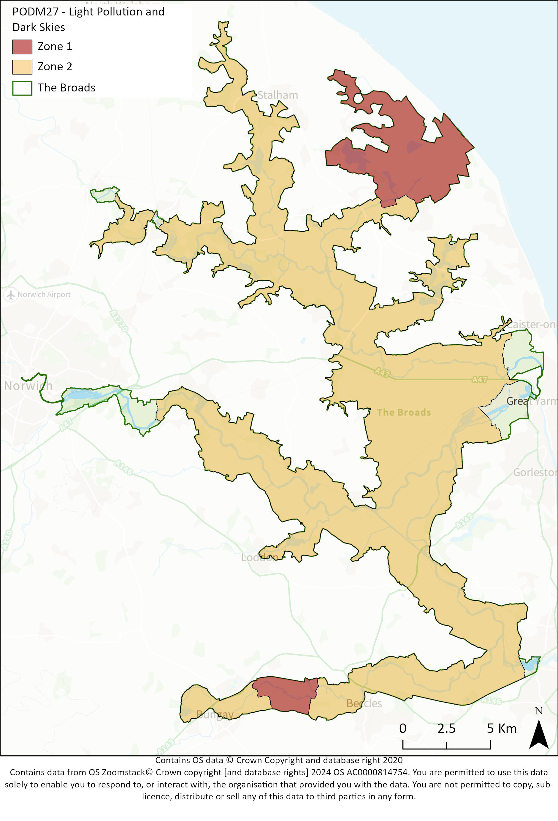 Map showing dark sky zones in the Broads