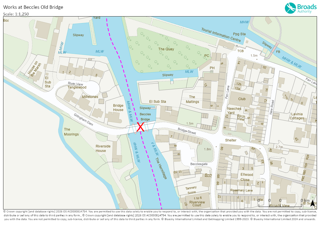 OS Map showing location of works at Beccles Old Bridge