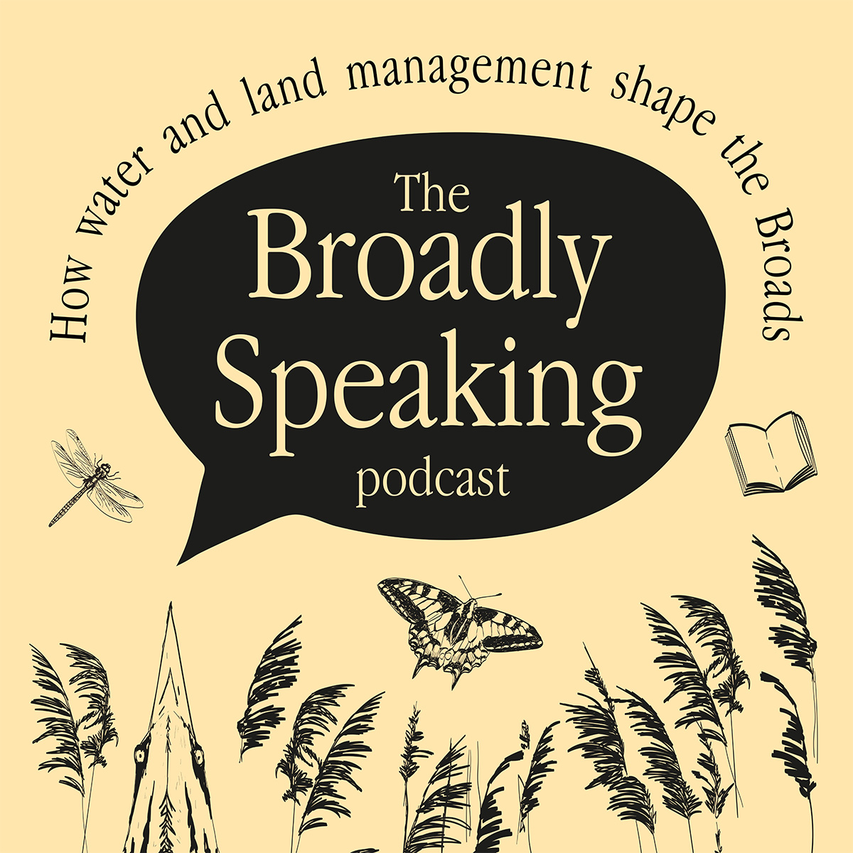 broadly speaking podcast icon featuring graphics of birds, scythes, reeds and more