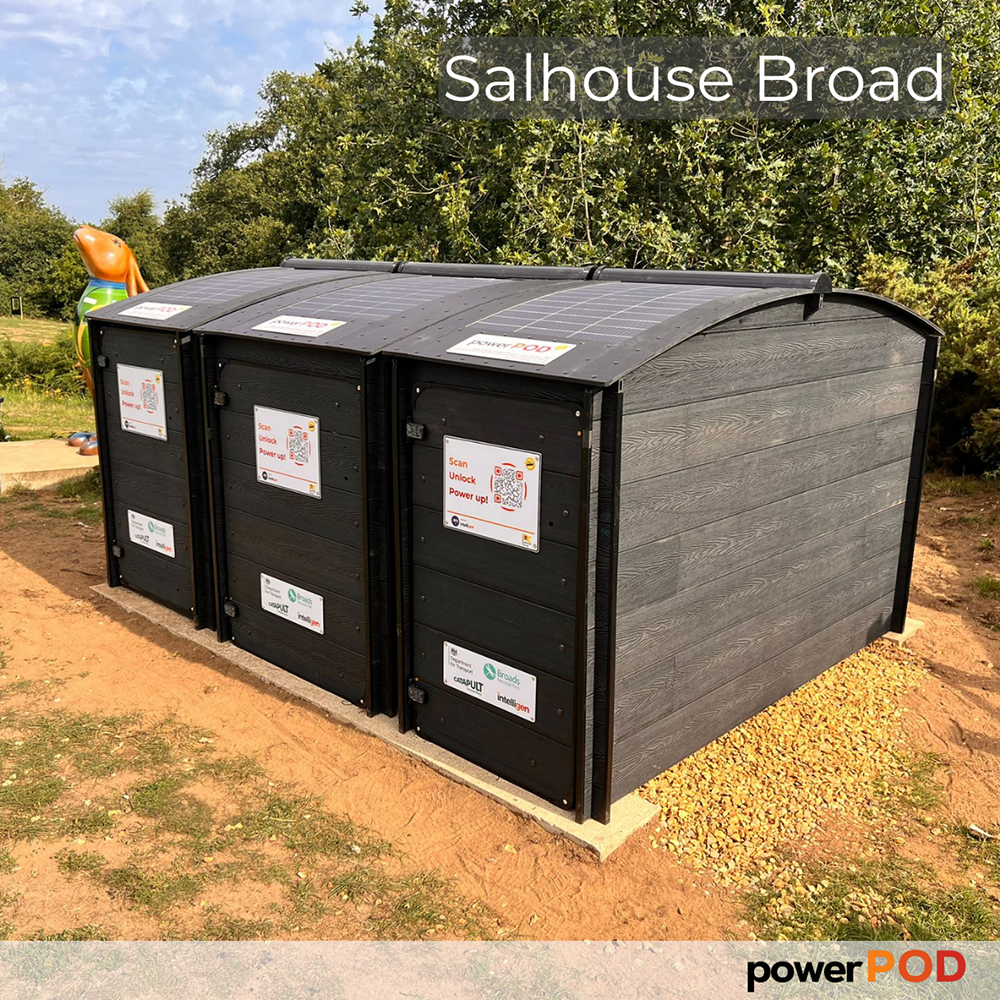 A black wooden powerPOD unit with multiple lockers, each labeled with instructions to scan, unlock, and power up. The roof has solar panels, and the unit is located outdoors on a dirt and grass area at Salhouse Broad. A colorful animal sculpture is visible in the background among trees.