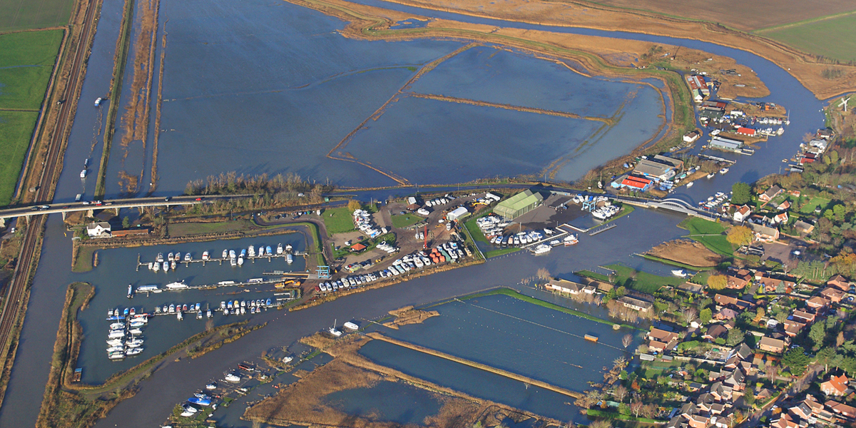 An aerial photograph showing flooding at the Broads village of St Olaves