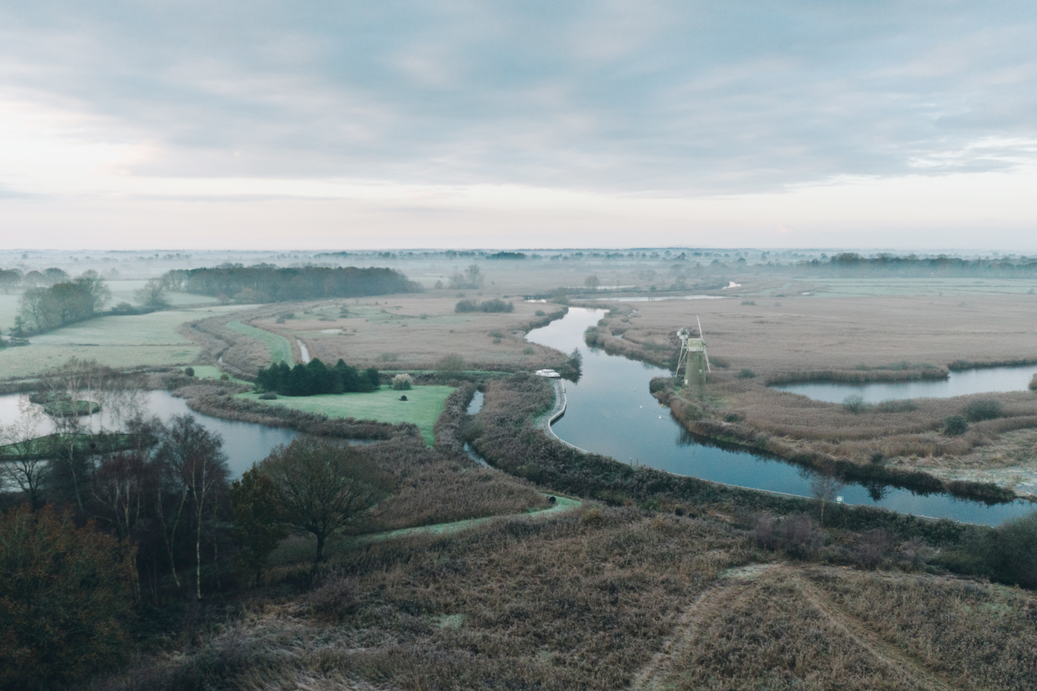 Aerial photo of Turf Fen Mill and surrounding marshes