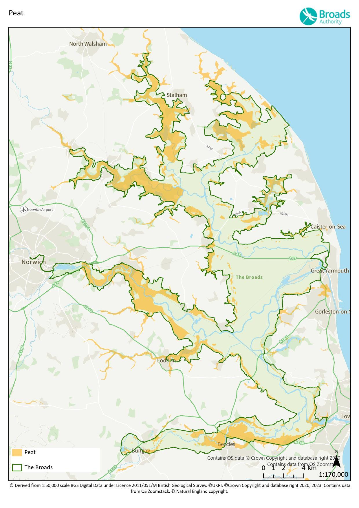 Map showing the location of peat in the Broads