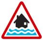 Icon showing a black house in an red triangle with flood water below, it indicates that flooding is expected