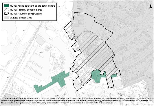 Map showing the extent of Hoveton Town Centre and the primary shopping area. Also shows the areas adjacent to the town centre. 