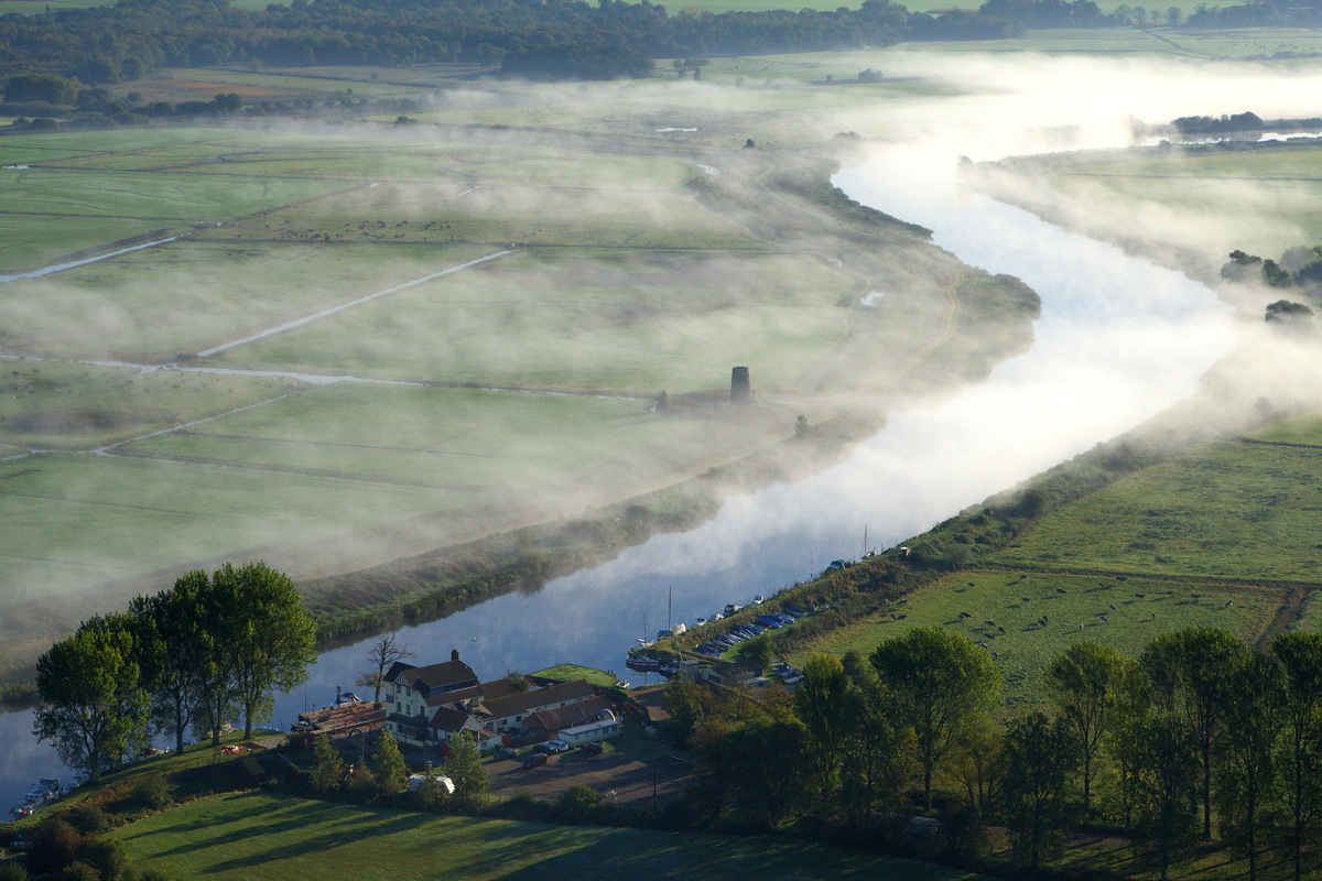 Aerial image of Buckenham Ferry on a misty morning