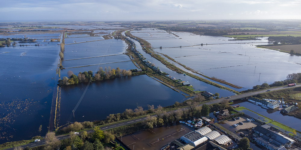 An aerial view showing flooded fields near Potter Heigham