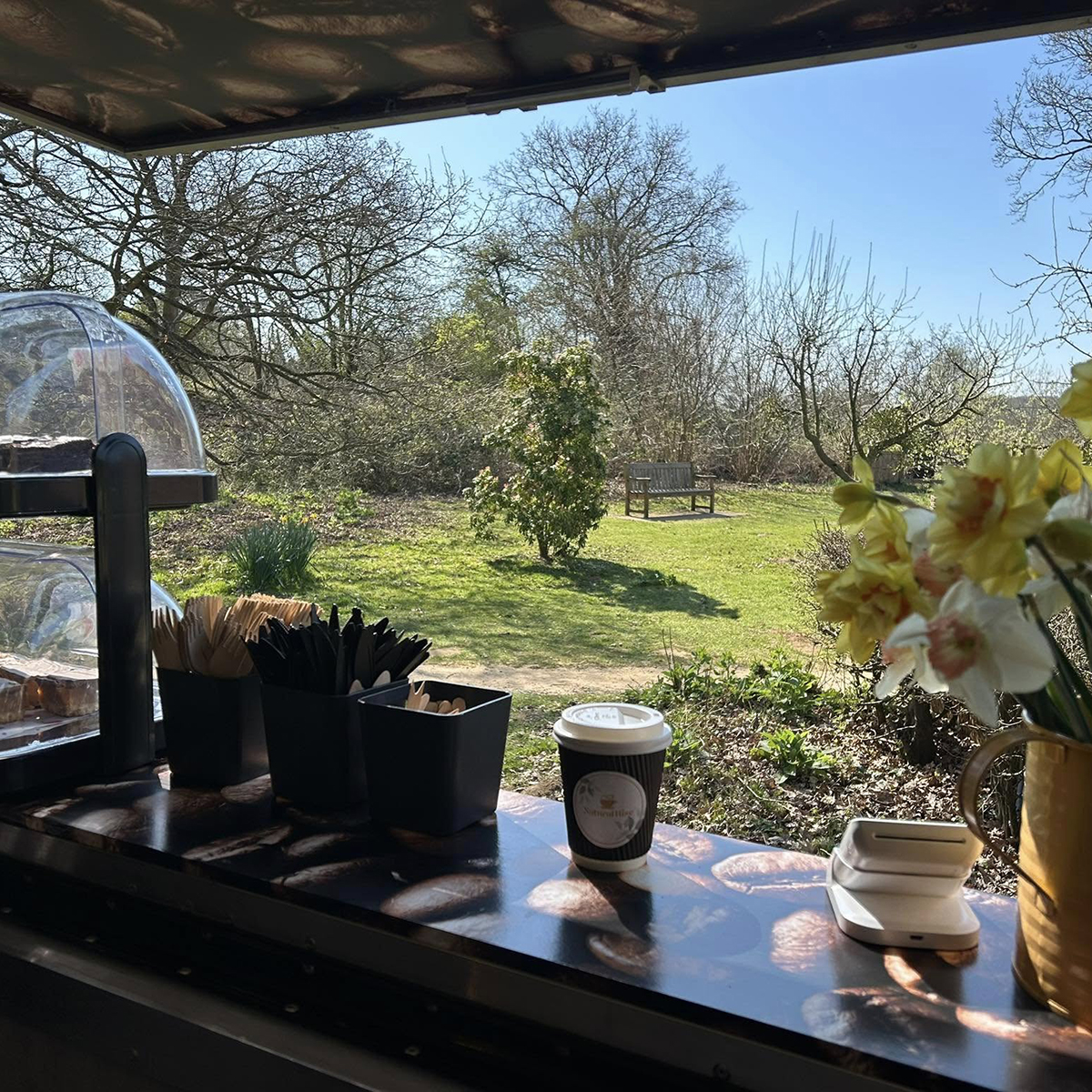 The view out of the catering trailer at How Hill across the greenery of Toad Hole Cottage garden