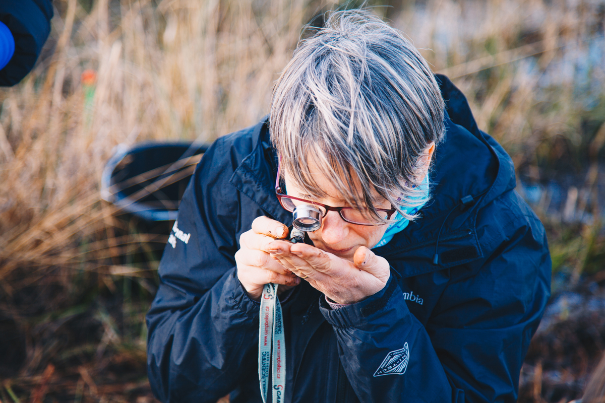 Broads ecologist examines some plant matter using a handheld magnifier