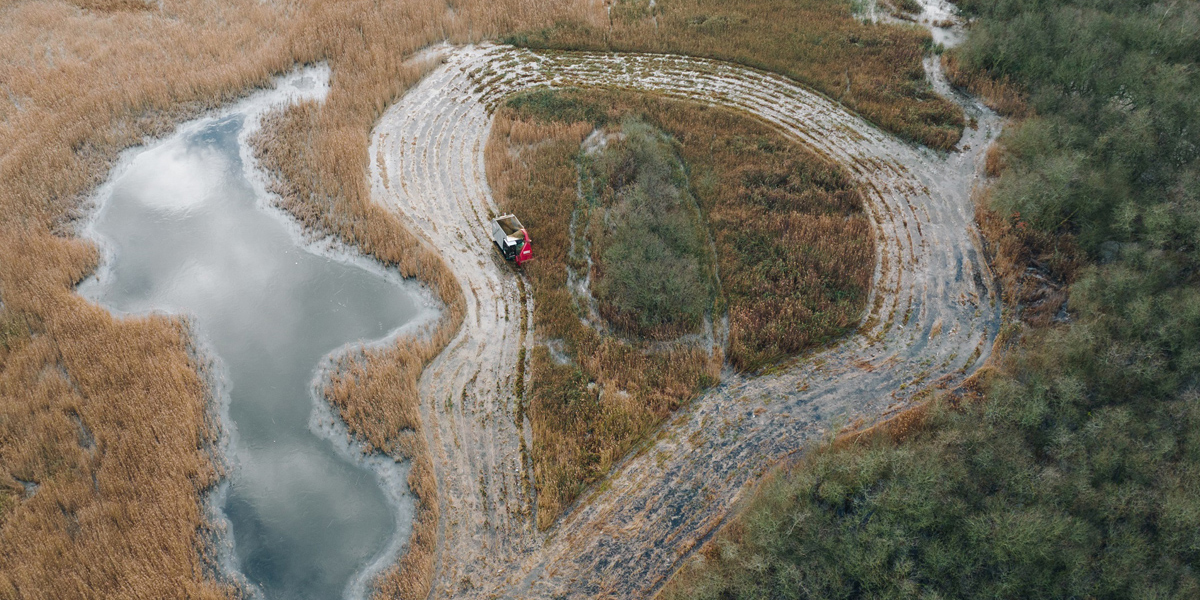 Fen harvester in action as seen from the air