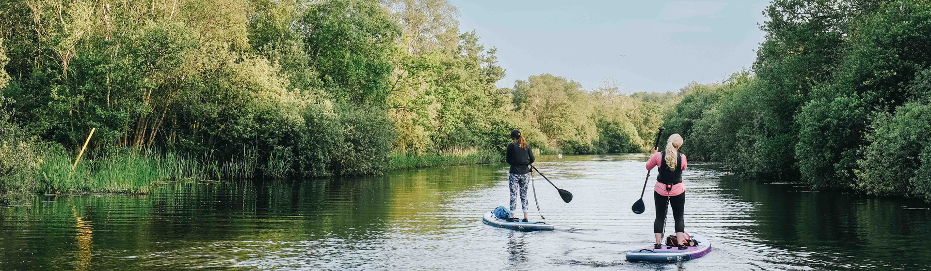 Two people stand-up paddleboarding along a calm, tree-lined river, each wearing life jackets and paddling gently through the water. Dense green foliage and reeds line both sides of the river, reflecting softly on the surface under a bright, clear sky.